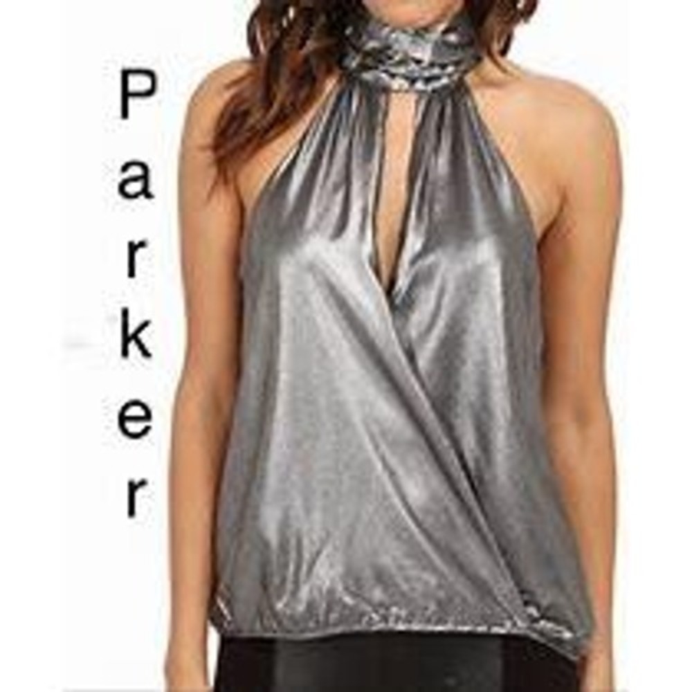 Parker Silver Metallic Draped Halter Wrap Blouse Women Large NWT